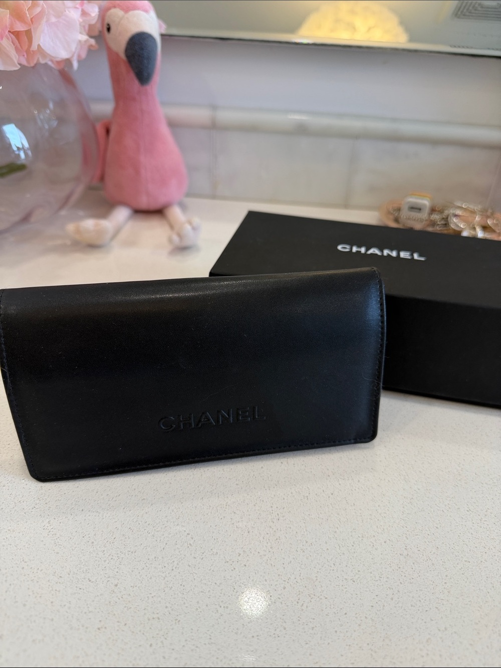 CHANEL Black Glasses case with Embossed Logo